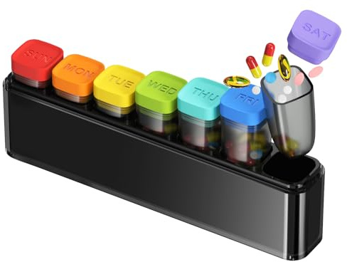 HIONXMGA Tablettenbox 7 Tage, BPA-freie Pillendose Mit 7 Abnehmbaren Fächern, Feuchtigkeitsbeständiger & Große Kapazität, Tragbar Medikamentenbox Für Tabletten Vitamine Fischöl Unterwegs, Schwarz