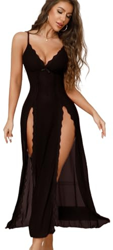 Tomkids Women Sexy Lingerie Lace Babydoll Mesh Long Chemise V-Neck Sleepwear Mesh Nightdress High Side Slit Nightwear Black