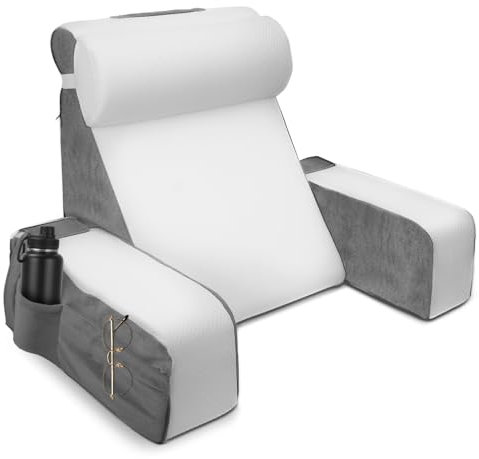 Groß Lesekissen mit Abnehmbarer Nackenrolle & Armlehne, Rückenkissen Bett, Ergonomisches Rückenkissen Rückenlehne Kopfkissen mit Arm & Tasche & waschbarem Bezug für Lesekissen zum Lesen, Fernsehen