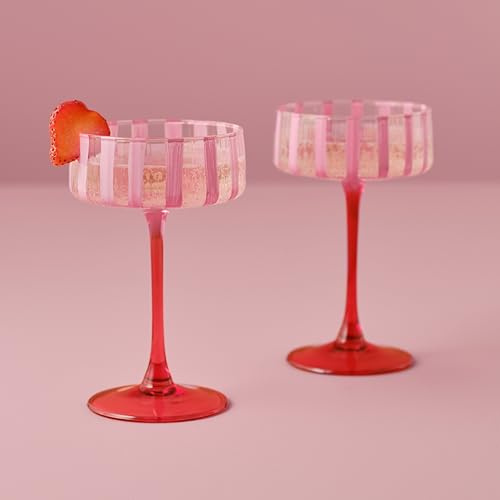 Ginger Ray Coupe Cocktail Glasses - Set of 2 - Pink and Red Champagne Saucers, Coupe Glass, Champagne Tower Glasses, Pink and Red Stripe Coupe Glasses