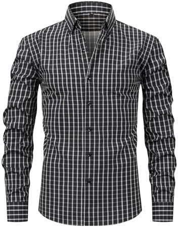 EQWIGKEIT Camicia da uomo casual, da lavoro, a quadri, per festival, a quadretti, a maniche lunghe, Oktoberfest, colletto Kent, bottone, vestibilità normale, per il tempo libero, Nero , XXL