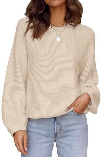 Zeagoo Damen Pullover Winter Rundhals Pulli Gestrickte Sweatshirt Fledermausärmel Strickpullover Oberteile Herbst Beige M