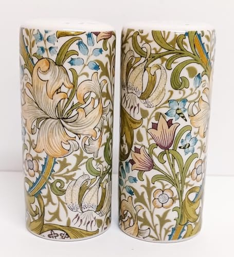William Morris Golden Lily Salt and Pepper Porcelain Round Shakers Set Arts Crafts Floral Hand Decorated UK