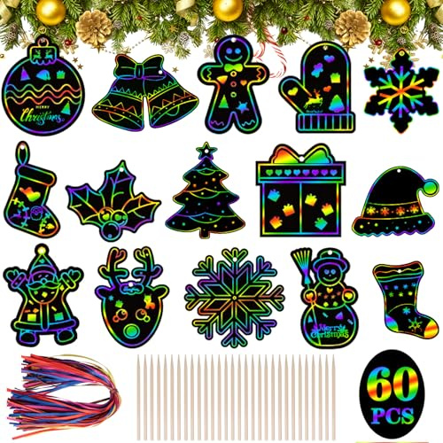 Koxtyzo 60 Pezzi Scratch Art Bambini Natale, Natalizie Carta da Grattare Arcobaleno, Natale Fogli di Disegni Scratch, con 60 Corde Colorate e 30 Penna in Legno, per Decorazioni Festive