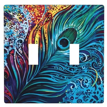Phayah Placa de pared con patrón de pavo real de colores, cubierta de interruptor de luz de doble palanca, tamaño 4.5 x 4.5 pulgadas para áreas residenciales y comerciales