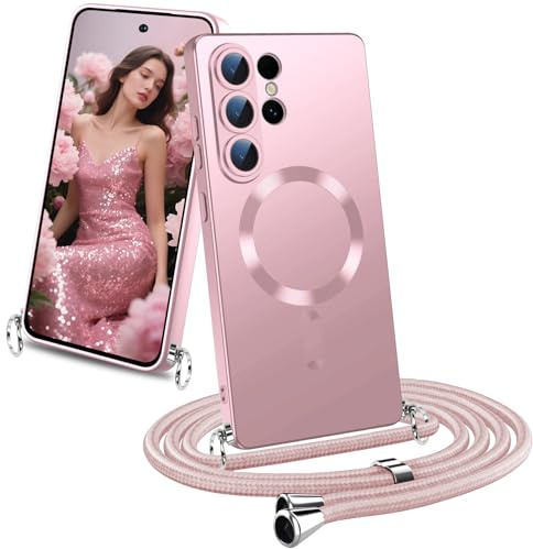 Migexxkj Magnetische für Samsung Galaxy S26 Ultra Hülle mit Band Handykette für Samsung S26 Ultra mit Kameraschutz Silikon Handyband Band Necklace zum Umhängen mit Kordel Handyhülle Kette (Rosa)