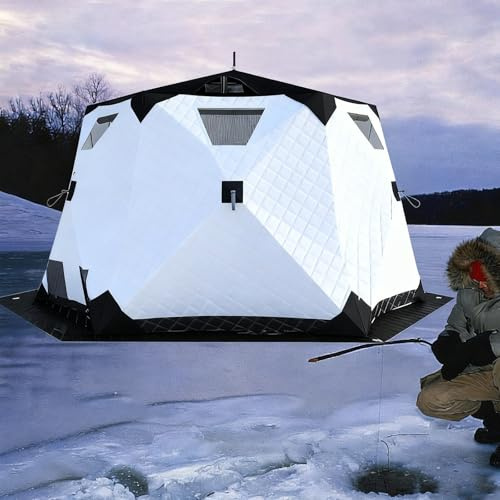 Isolerat Popup-Isfisketält, Vinterfisketält För 6–10 Personer, Bärbart Navtält, Vindtätt Termiskt Tält Med Navdesign, 420d 4-Lagers Tyg För Vinterfiske, Stort Fiskeområde White