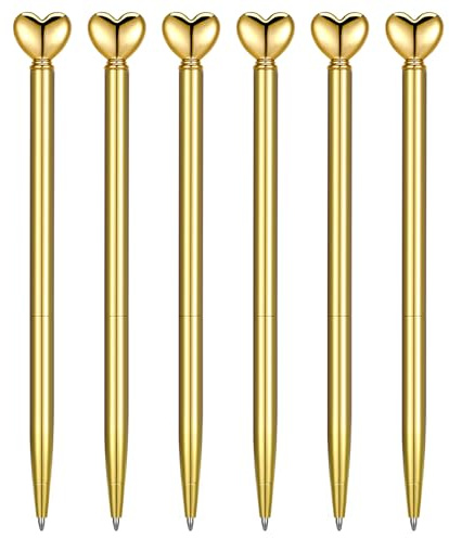 YUXIANLB 4 penne a forma di cuore, penne decorative retrattili in metallo, penne a sfera con inchiostro nero da 1,0 mm (oro, 6 pezzi)