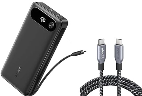 Anker Power Bank (20000 mAh, 87W, Cavo USB C Integrato) & Anker Prime Cavo USB C (240W, 1,8m, Nylon)