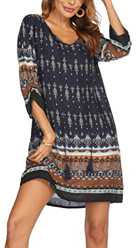 Zeagoo Robe d'été Pour Femme Style Bohème Manches 3/4 Robe Ample et Décontractée Longueur Genou S-XXL