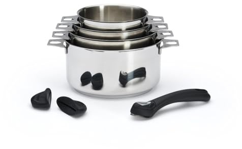 De Buyer - Lot de 4 casseroles en inox MILADY TWISTY amovibles, 1 queue et 2 anses en silicones noires - Diamètre 14/16/18/20 cm -, Gris