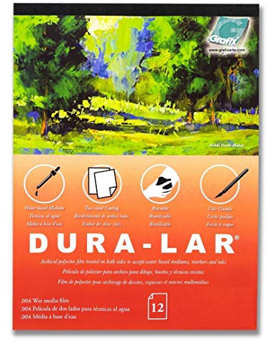 Grafix Dura-Lar 0.004 Film, Ultra Clear Wet Media 9x12, Plastic Film Coated to Accept Water Based Mediums. Ideal for Watercolor, Painting Composition, as Painting Surface, Pad of 12 Sheets
