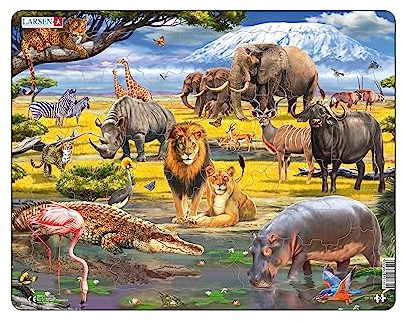 Larsen Puzzles FH30, Kinder Rahmenpuzzle Afrikanische Savanne mit Kilimandscharo, 43 Teile, ab 4 Jahre, Lernspielzeug Tiere, Konzentration & Spielspaß