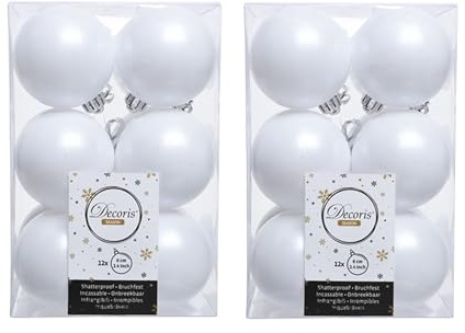 Decoris 24 Count White Christmas Baubles, 6cm, Plastic, Resin, Traditional, Hanging, Unscented