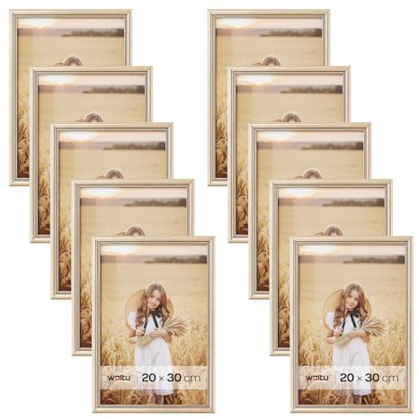 WOLTU Lot de 10 Cadre Photo 20x30cm Cadre en Bois Massif avec Passe Partout, Suspendre Horizontalement ou Verticalement, Décoration Murale ou sur Table, Or