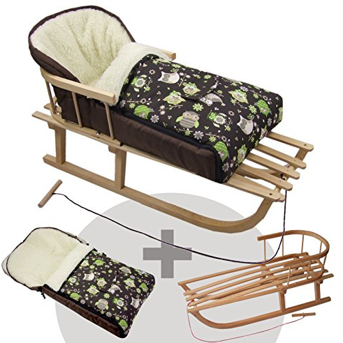 BAMBINIWELT KOMBI-ANGEBOT Holz-Schlitten mit Rückenlehne & Zugseil + universaler Winterfußsack (90cm), geeignet für Babyschale, Kinderwagen, Buggy, Wolle, Eulendesign (Eule §14)