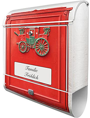 banjado Design Briefkasten personalisiert 38,5x46,5x13cm & 2 Schlüssel - Briefkasten Stahl Weiß Zeitungsfach pulverbeschichtet - Postkasten A4 Einwurf inkl. Montagematerial - Motiv Postkasten Nostalgi