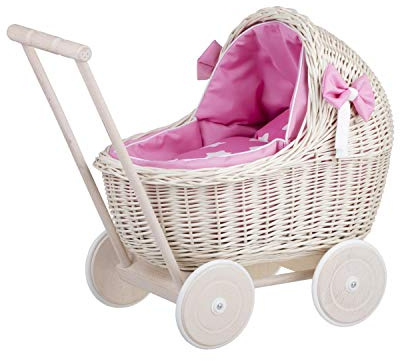 e-wicker24 Alles aus Weide Puppenwagen aus Weide mit Bettwäsche perfekte Geschenkidee Korbpuppenwagen schöner Spielzeug aus Korbgeflecht Korbwagen für Puppen Spielzeug für Mädchen (Pink)