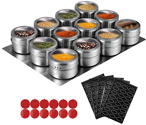 Tanice Magnetic Spice Jars, 12 Pack Magnetic Seasoning Jars, Stainless Steel Spice Containers Stick on Refrigerator with 1 Tray, 5 Sheets of Spice Labels and 12 PCS Adhesives for Kitchen