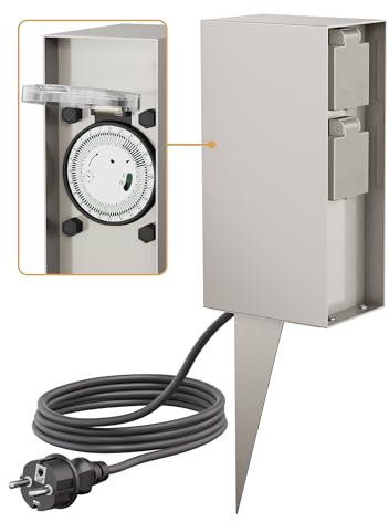 ledscom.de Columna de Enchufe para jardín POMI con Pica de Tierra y Cable de 2m para Exterior, IP44, Temporizador/Reloj, 2 Veces, Acero Inoxidable, Angular, 23cm