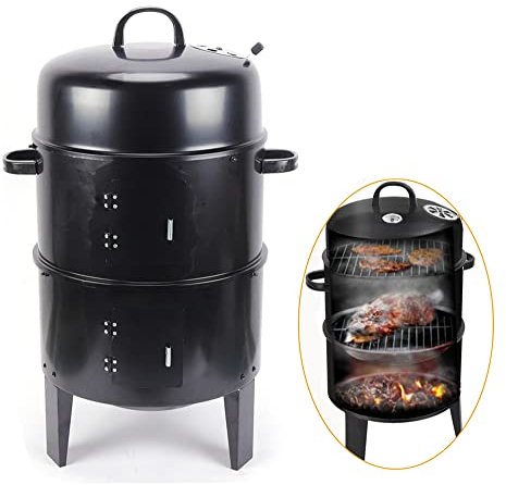 Hickory - Affumicatore in acciaio inox, diametro 40 cm, con termometro e barile 3 in 1, a carbone