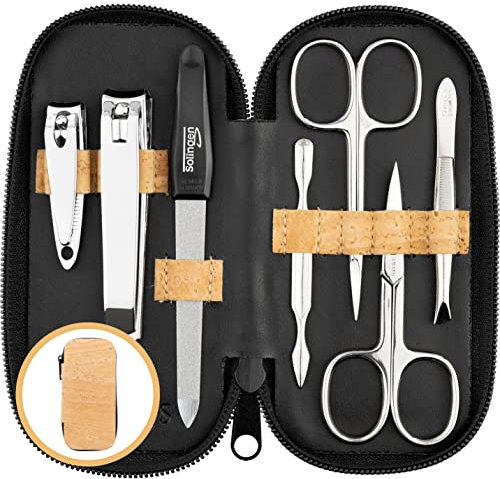 Solingen Set per Manicure Professionale – Kit da 7 Pezzi con Custodia in Similpelle look Kork. Morbido e pratico, include Forbicine e strumenti di qualità per Mani e Piedi - cura elegante