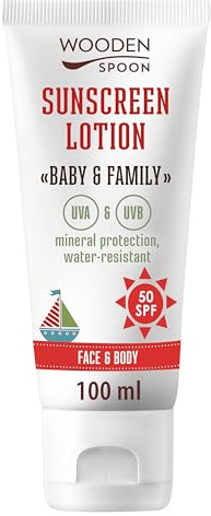 Wooden Spoon Ekologisk Solkräm Baby och Familj SPF 50 – 100% Naturlig, Osynlig Zink, Ingen Vit Hinna, Hypoallergen, Vegansk, Vattentålig – 100 ml