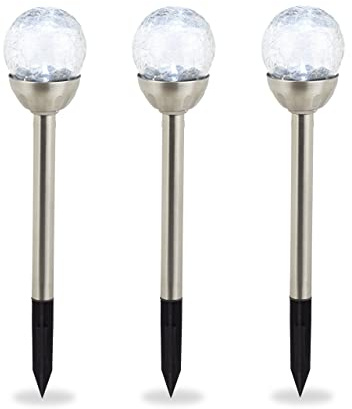 Relaxdays Lampes solaires d’extérieur, Lot de 3, éclairage Boule LED de Jardin, lumière Blanche, étanche, Piquet,argenté