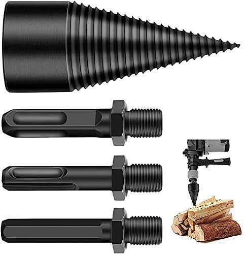 Frunimall Punta per trapano per legna da ardere, 4 pezzi per accensione, splitter per tronchi, rimovibile e resistente, con 3 maniglie per trapano elettrico domestico (45 mm)