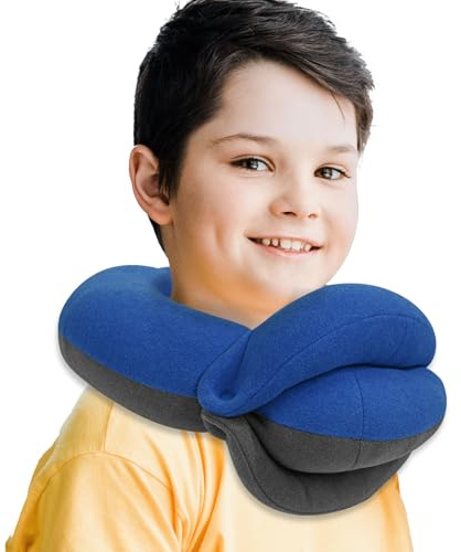 BUYUE Kids Travel Pillows for Airplane, 360° Head Support Sleeping Essentials for Boys Long Flight, Skin-Friendly Soft Neck Pillow for Traveling in Car Seat, (Small, Blue Grey, 40-90 lbs)