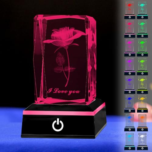 YATOSEEN 3D Rosenkristall mit buntem LED-Lichtsockel, I Love You Geschenke für Ehefrau, Freundinnen, Mutter, Rose, Blume, romantisches Geschenk für Jubiläum, Geburtstag, Muttertag, Valentinstag