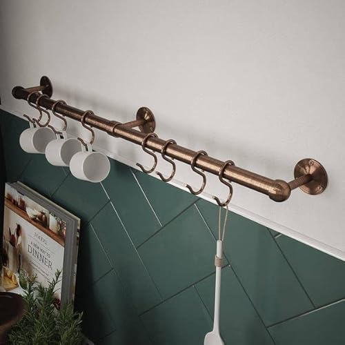 Rothley Stainless Steel Kitchen Utensil Rail Kit, 60cm, Antique, Medium | Includes end brackets, a centre bracket and sliding hooks to wall mount mugs, cups and cooking utensils in your kitchen