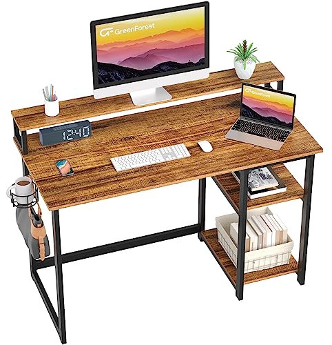 GreenForest 120 x 55 cm Schreibtisch mit Regal und Monitorständer, Computertisch Schreibtisch mit Stauraum, Schreibtisch Bürotisch für Home Office, Braun