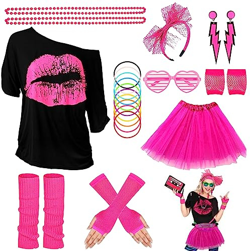 80er 90er Jahre Outfit Damen Eine Grösse passt allen, T-Shirt, Tutu,Gläser,Beinwärmer, Stirnband,Ohrring,Halskette,Netzhandschuhe,90er Jahre Outfit Damen 80er Kostüm, Neon Accessoires Mädchen Frauen