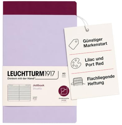 LEUCHTTURM1917 Jottbook A5 Notizheft, Liniert, 59 Seiten, 2er-Set | 32 heraustrennbare Seiten, Einstecktasche, farbiger Seitenschnitt, Lilac und Port Red, Inhaltsverzeichnis