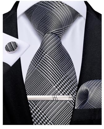DiBanGu Krawatten für Männer Seide Schwarz Kariert Herren Krawatten mit Taschentuch Manschettenknöpfe Krawattenklammer Set für Hochzeit Formell 5PCS