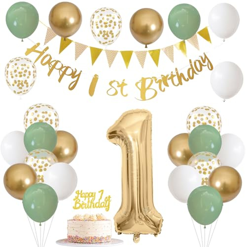 1st Birthday Decorations for Boys Girls, Sage Green White Gold Balloons 1st Banner First Cake Decoration Number 1 Balloon for Baby 1 Year Old Birthday Party Decor