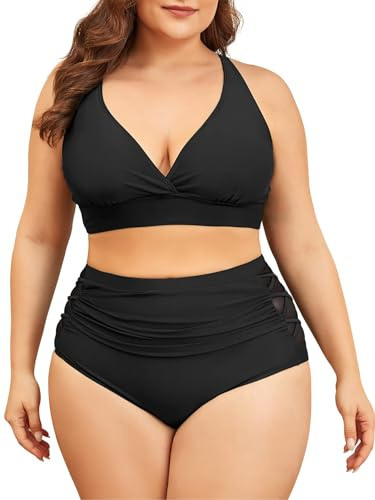 Century Star Bikini Damen Bauchweg Große Brüste Badeanzug V Ausschnitt Bademode Bauchkontrolle Bikini Sets High Waist Schwarze 4XL