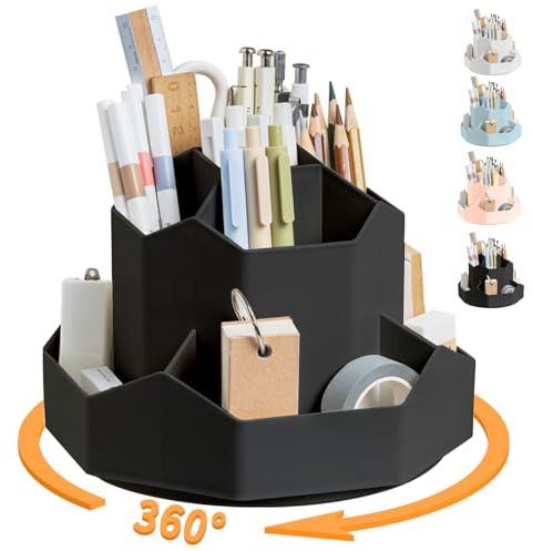Cayxenful Schreibtisch Organizer Kinder, 360 Grad Drehbar Stifthalter mit 9 Fächer, Aesthetic Stifte Organizer für Bürobedarf, Schreibwaren, Zuhause Makeup (Schwarz)