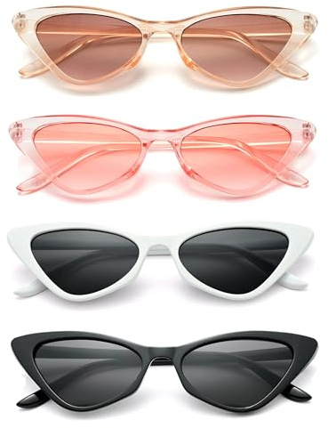 Unning 4 Pack Retro Oval Sunglasses Small Vintage Cat Eye Sunglasses Set Trendy Narrow Glasses for Women