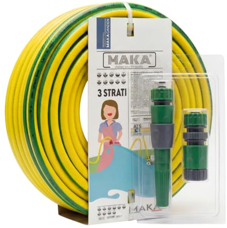MAKA Kit Tubo Acqua Giardino 5/8 Pollice 50 Metri 3 Strati 12.5mm con Accessori Innesto Rapido Pressione 20 Bar Flessibile Retinato Resiste Caldo Gelo UV Riciclabile (5/8 50 metri)