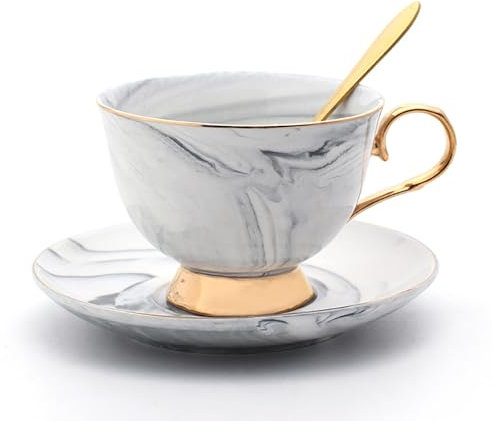 Keramik Kaffeetasse, Teetasse, Teetasse und Untertasse Set, Porzellan Englisch Teetasse mit Goldrand und Löffel, Marmor Muster Kaffeetasse Paar Tassen 200ml / 7 Oz(Gray)