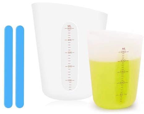 2 Pezzi Misurini in Silicone,500 ml/250 ml Bicchiere Dosatore in Resina Epossidica, con 2 Pezzi Asta di Agitazione, Misurini in Resina Epossidica Slicone con Scala
