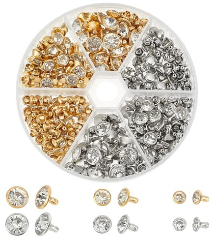 WADORN 180Pcs 6 Styles Brass Rhinestone Leather Rivets Kit, 6/8/10mm Leather Craft Rhinestone Studs Rapid Rivets Crystal Tubular Metal Studs for Clothing Shoes Belt Purse Leather Craft DIY Making