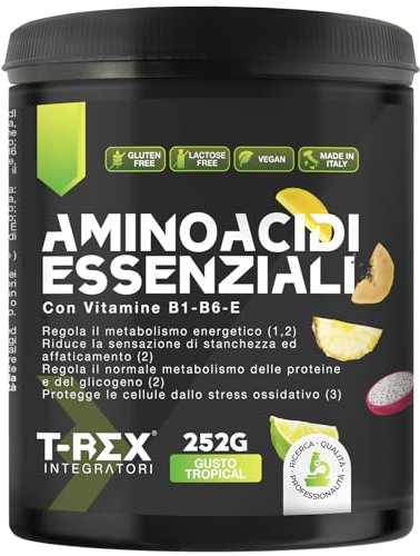 EAA Aminoacidi Essenziali con mix di vitamine B1, B6 ed E - Integratore di amminoacidi naturali vegan ottenuti da fermentazione T-Rex Integratori (Tropical, Polvere)