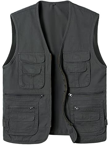 Yukirtiq Fiskeväst för män med flera fickor Gilet bomull resor fotografi Gilet hund träningsväst utomhus safari västar, Mörkgrön, 7XL