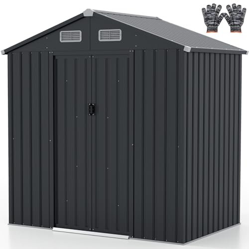 GiantexUK 6x4FT/7x4FT/9x6FT/9x8FT/11x8FT Metal Garden Shed, Outdoor Galvanized Storage House with 2/4 Vents & Lockable Sliding Doors, Slope Roof Utility Shed Building (6x4FT, 4 Vents)