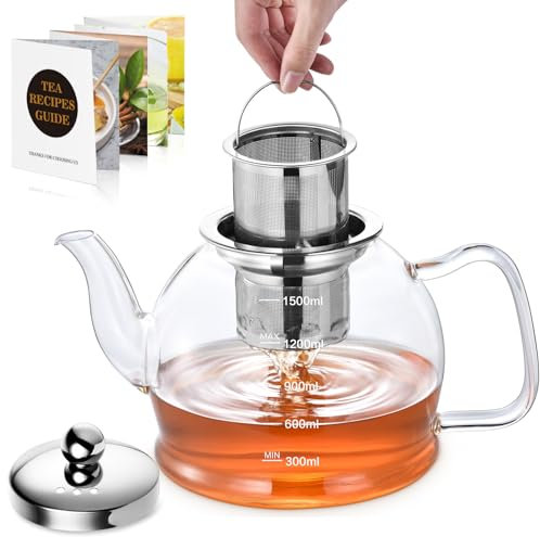 Glass Teapot 1500ml, STNTUS Glass Teapots with Infuser and Lid, Large Tea Pot Infusers for Loose Tea, Stovetop Tea Pots for 6-7 Cups, Tea Kettle