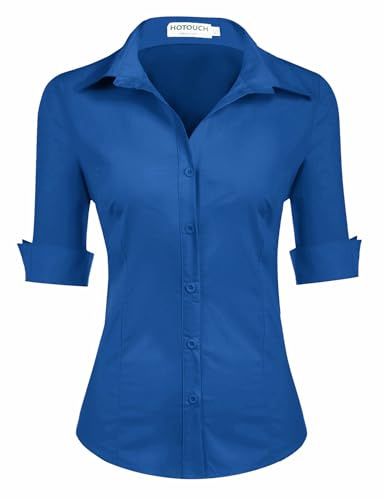 HOTOUCH Blusas de algodón de manga 3/4 para mujer, camisas de oficina, blusa básica ajustada con cuello en V y manga corta, azul oscuro, M