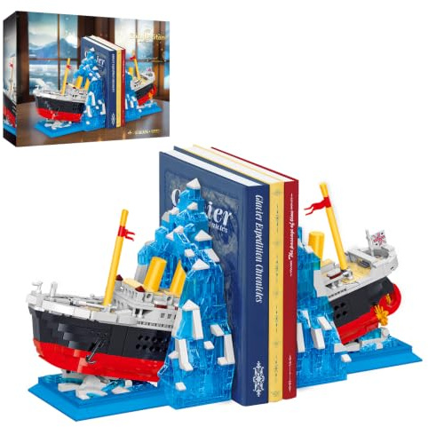 Hallisun Titanic Bausatz, Titanic Schiffsmodell, Buchständer, Baustein in normaler Größe mit Gletscher Buchstützen, Baustein Set, Spielzeug, Geschenk für Erwachsene ab 14 Jahren, 1202 Teile